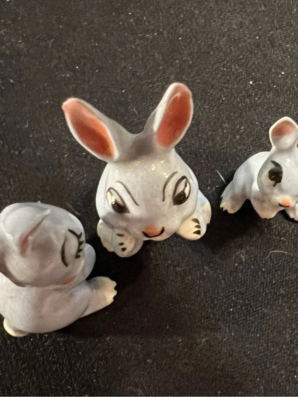 Source Unknown Gray and Pink Ceramic Bunny Figurine Trio